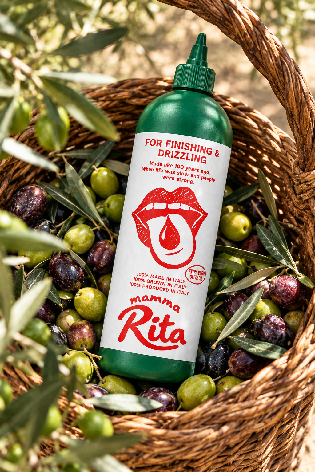 Green Mamma Rita bottle nestled among freshly harvested olives
