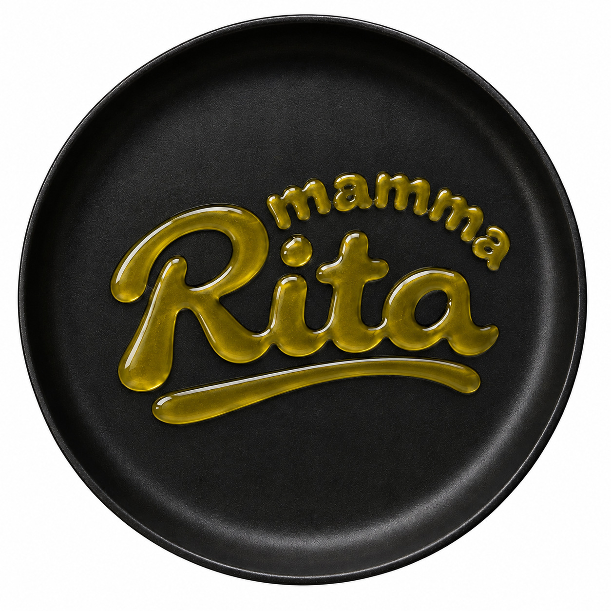 Mamma Rita logo formed from olive oil in a frying pan